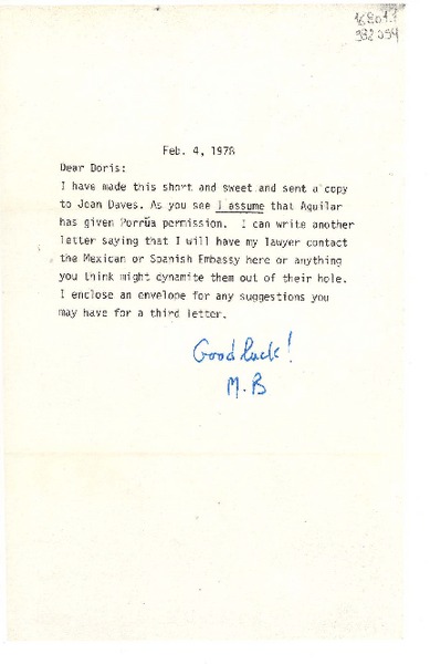 [Carta] 1978 Feb. 4, Bethesda, Maryland, [Estados Unidos] [a] Dear Doris