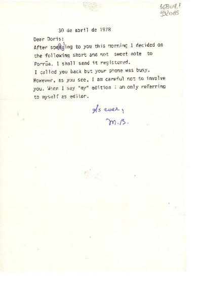 [Carta] 1978 Apr. 30, Bethesda, Maryland, [Estados Unidos] [a] Doris Dana, Hildreth Lane, Bridgehampton N. Y.