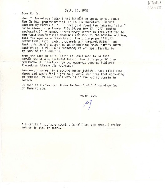 [Carta] 1980 Sept. 10, Washington D. C., [Estados Unidos] [a] Doris Dana, Hildreth Lane, Bridgehampton N. Y.