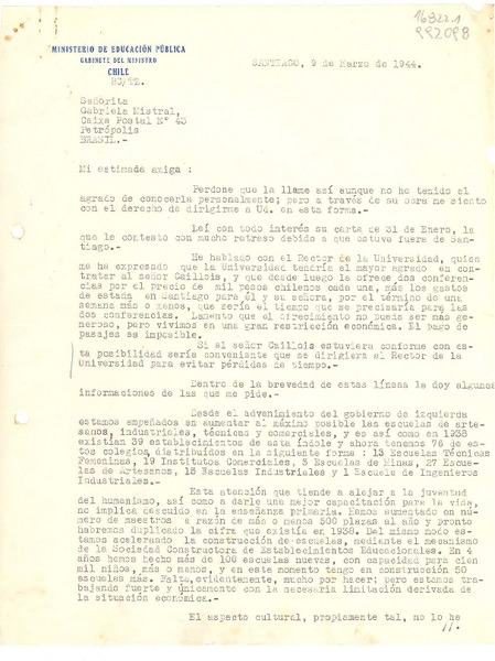 [Carta] 1944 mar. 9, Santiago, [Chile] [a la] Señorita Gabriela Mistral, Caixa Postal N° 43, Petrópolis, Brasil