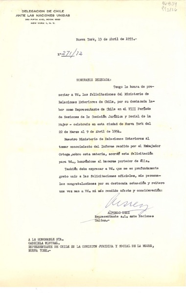 [Carta] 1955 abr. 13, Nueva York, [EE.UU.] [a la] Honorable Sta. Gabriela Mistral, representante de Chile en la Comisión Jurídica y Social de la Mujer, Nueva York, [EE.UU.]