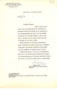 [Carta] 1955 abr. 13, Nueva York, [EE.UU.] [a la] Honorable Sta. Gabriela Mistral, representante de Chile en la Comisión Jurídica y Social de la Mujer, Nueva York, [EE.UU.]