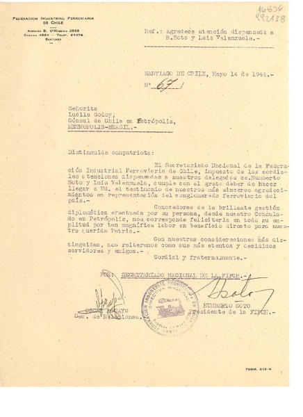 [Carta] 1944 mayo 14, Santiago, [Chile] [a] Señorita Lucila Godoy, Cónsul de Chile en Petrópolis, Metrópolis, Brasil