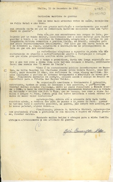 [Carta] 1944, dez. 15 Italia [a] carissima madrinha de guerra [Gabriela Mistral]