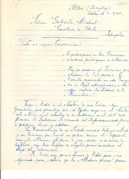 [Carta] 1943 oct. 26, Altos, Paraguay [a la] Señora Gabriela Mistral, Consulado de Chile, Petrópolis, [Brasil]