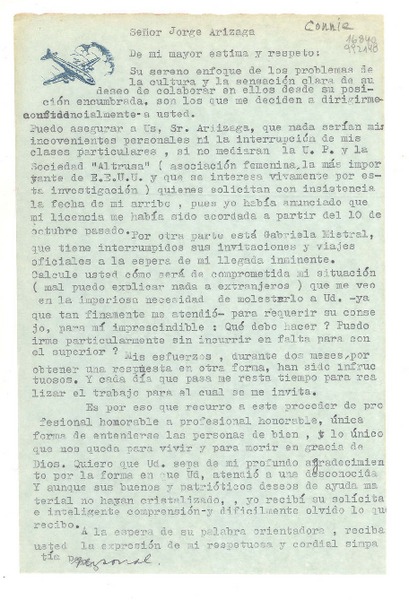 [Carta] [1947] [al] Señor Jorge Arizaga