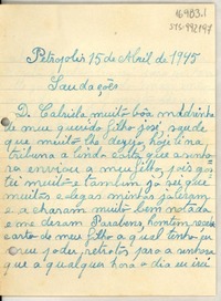 [Carta] 1945, abr. 15 Petrópolis, [Brasil] [a] Gabriela [Mistral]