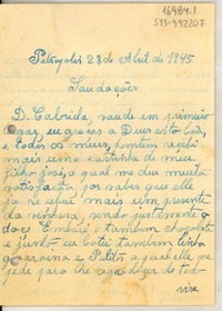 [Carta] 1945, abr. 28 Petrópolis, [Brasil] [a] Gabriela [Mistral]