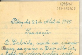 [Carta] 1945, abr. 28 Petrópolis, [Brasil] [a] Gabriela [Mistral]