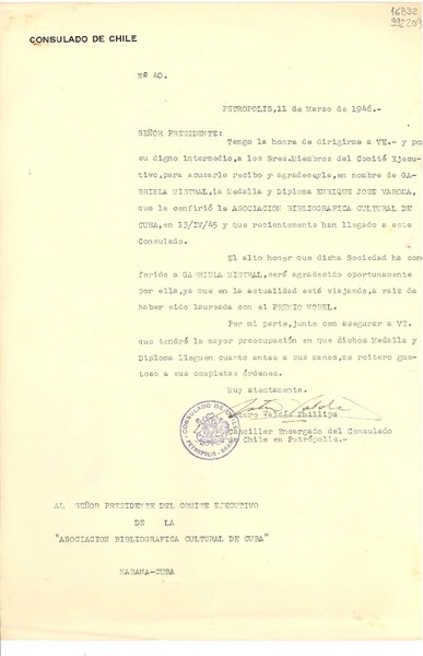 [Carta] 1946 mar. 11, Petrópolis, [Brasil] [al] Señor Presidente del comité Ejecutivo de la Asociación Bibliográfica Cultural de Cuba