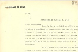 [Carta] 1946 mar. 11, Petrópolis, [Brasil] [al] Señor Presidente del comité Ejecutivo de la Asociación Bibliográfica Cultural de Cuba