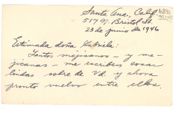[Carta] 1946 jun. 23, Santa Ana, Calif., [Estados Unidos] [a] Estimada Doña Gabriela