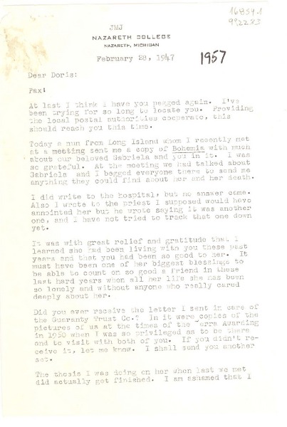 [Carta] 1947 [i.e. 1957] Feb. 28, JMJ, Nazareth College, Nazareth, Michigan, [EE.UU.] [a] Dear Doris