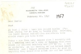 [Carta] 1947 [i.e. 1957] Feb. 28, JMJ, Nazareth College, Nazareth, Michigan, [EE.UU.] [a] Dear Doris