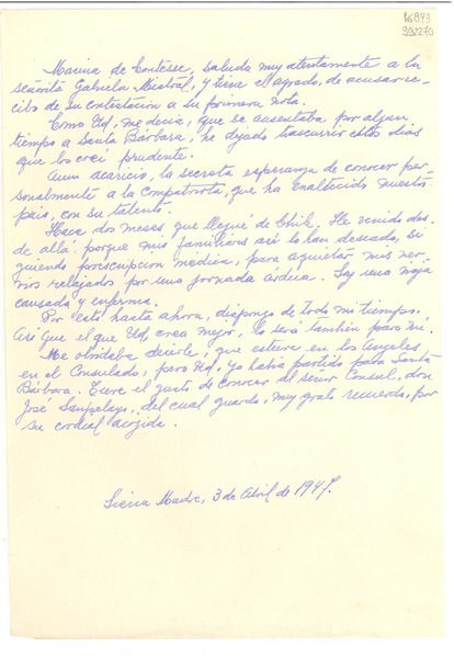[Carta] 1947 abr. 3, Sierra Madre, [México] [a] Gabriela Mistral