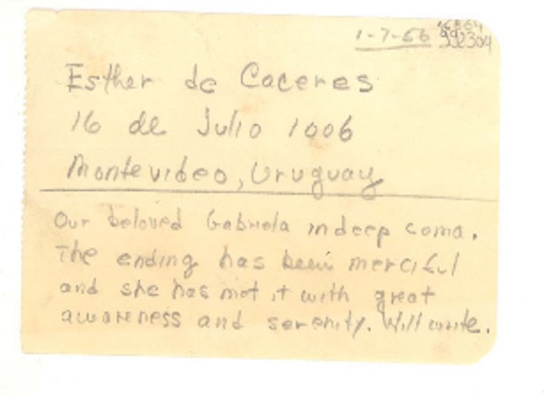 [Carta] 1957 Jan. 7, [Estados Unidos] [a] Esther de Cáceres, Montevideo, Uruguay