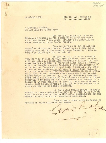 [Carta] 1933 feb. 6, México, D.F. [a] Gabriela Mistral, San Juan de Puerto Rico