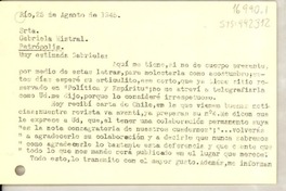 [Tarjeta] 1945 ago. 25, Río [de Janeiro, Brasil] [a] Gabriela Mistral, Petrópolis, [Brasil]