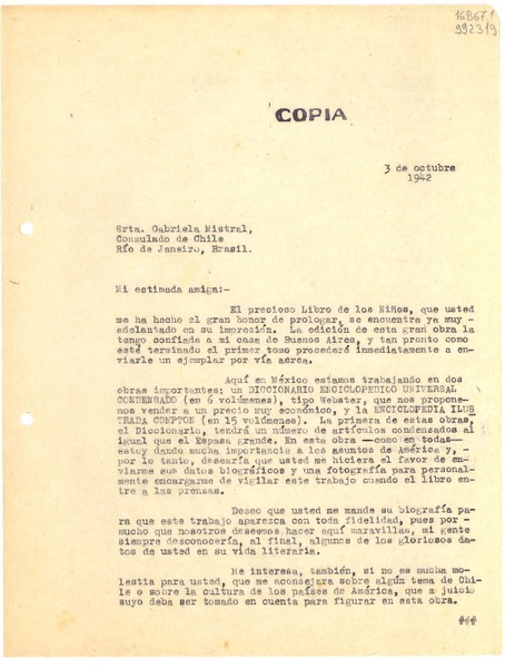 [Carta] 1942 oct. 3, [México] [a] Srta. Gabriela Mistral, Consulado de Chile, Río de Janeiro, Brasil