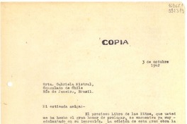 [Carta] 1942 oct. 3, [México] [a] Srta. Gabriela Mistral, Consulado de Chile, Río de Janeiro, Brasil