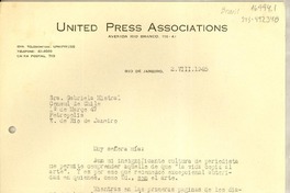 [Carta] 1945 ago. 2, Rio de Janeiro, [Brasil] [a] Gabriela Mistral, Petrópolis, [Brasil]