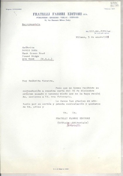 [Carta] 1966 ene. 3, Milano, [Italia] [a] Señorita Doris Dana, Hack Green Road, Pound Ridge, New York