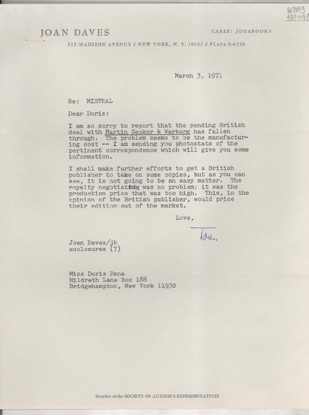 [Carta] 1971 Mar. 3, [New York, Estados Unidos] [a] Miss Doris Dana, Hildreth Lane Box 188, Bridgehampton, New York