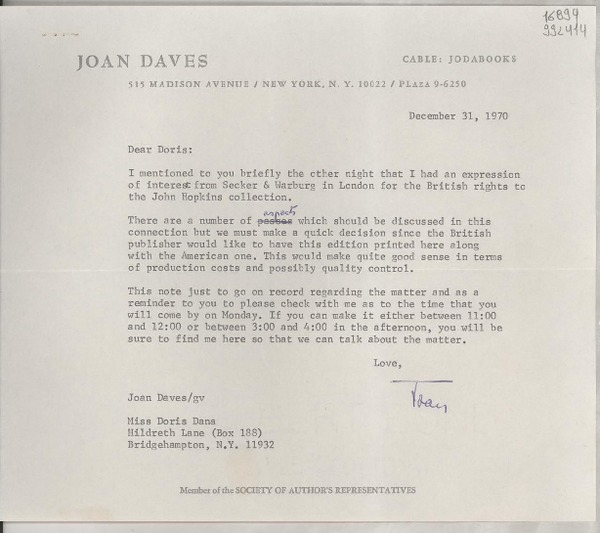 [Carta] 1970 Dec. 31, [New York, Estados Unidos] [a] Miss Doris Dana, Hildreth Lane Box 188, Bridgehampton, N. Y.