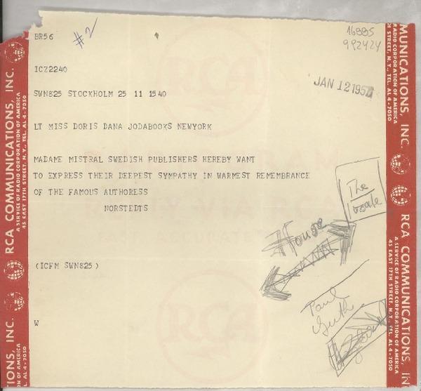 [Telegrama] 1957 Jan. 12, Stockholm, [Sweden] [a] Miss Doris Dana, Jodabooks, New York, [EE.UU.]