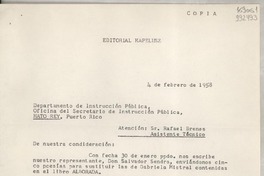 [Carta] 1958 feb. 4, [Puerto Rico] [a] Rafael Brenes