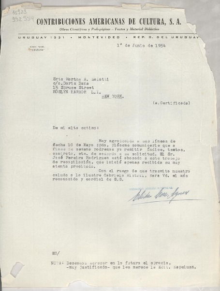[Carta] 1954 jun. 1, [Montevideo, Uruguay] [a] Srta. Martha A. Salotti, 15 Spruce Street, Roslyn Habor, L. I., New York