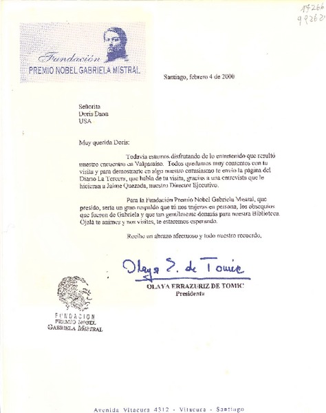 [Carta] 2000 feb. 4, Santiago, [Chile] [a la] Señorita Doris Dana, USA
