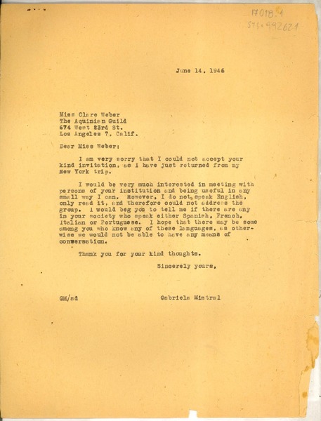 [Carta] 1946 jun. 14, [Los Angeles, California, Estados Unidos] [a] Clare Weber, Los Angeles, California, [Estados Unidos]
