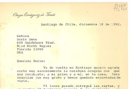 [Carta] 1992 dic. 18, Santiago, Chile [a la] Señora Doris Dana, 600 Gulfshore, Blud North Naples, Florida 33940, USA