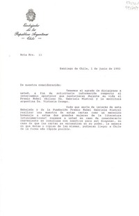 [Carta] 1993 jun. 1, Embajada de la República Argentina, Santiago de Chile [a la] Señora Doris Dana, 600 Gulf Shore, Blvd. - North Naples, Florida 33940, [EE.UU.]