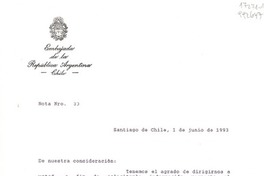 [Carta] 1993 jun. 1, Embajada de la República Argentina, Santiago de Chile [a la] Señora Doris Dana, 600 Gulf Shore, Blvd. - North Naples, Florida 33940, [EE.UU.]