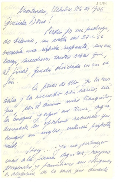 [Carta] 1966 oct. 26, Comercio 1352 apto. 23, Montevideo, [Uruguay] [a la] Querida Doris!
