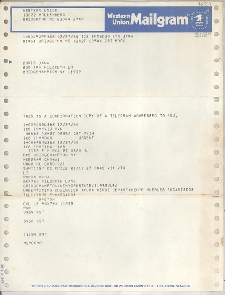 [Telegrama] 1984 dic. 27, Santiago de Chile [a] Doris Dana, Box 784, Hildreth LN, Bridgehampton, NY