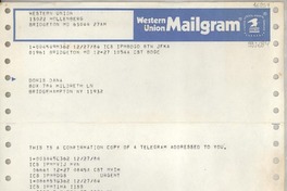 [Telegrama] 1984 dic. 27, Santiago de Chile [a] Doris Dana, Box 784, Hildreth LN, Bridgehampton, NY