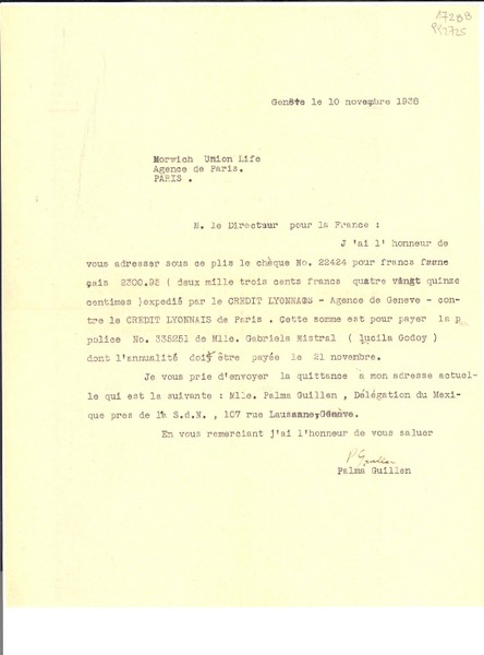 [Carta] 1938 nov. 10, Geneve, [Suisse] [al] Director de Norwich Union Life, Agence de Paris, Paris, [Francia]