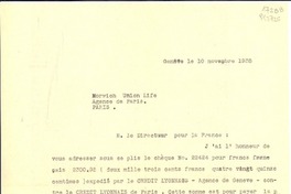[Carta] 1938 nov. 10, Geneve, [Suisse] [al] Director de Norwich Union Life, Agence de Paris, Paris, [Francia]