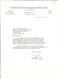 [Carta] 1957 Nov. 20, Guaranty Trust Company of New York, 140 Broadway, New York 15, N. Y., [EE.UU.] [a] Miss Doris Dana, Estate of Lucila Godoy, Deceased, co Miss Madeleine Redditt, 37 Wall Street, New York 5, New York, [EE.UU.]