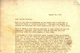 [Carta] 1971 Aug. 30, Box 784, Hildreth Lane, Bridgehampton, New York 11932, [EE.UU.] [a] Dear Arlene Frances