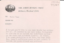 [Carta] 1971 Apr. 13, The Johns Hopkins Press, Baltimore, Maryland 21218, [EE.UU.] [a] Doris Dana