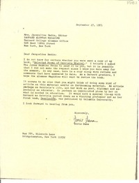 [Carta] 1971 Sept. 27, New York, [Estados Unidos] [a] Mrs. Jacqueline Radin, New York