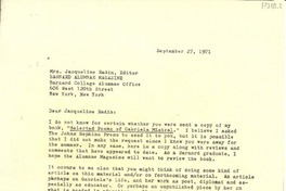 [Carta] 1971 Sept. 27, New York, [Estados Unidos] [a] Mrs. Jacqueline Radin, New York