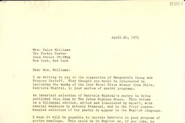 [Carta] 1971 Apr. 25, New York, [Estados Unidos] [a] Mrs. Galen Williams, The Poetry Center, New York