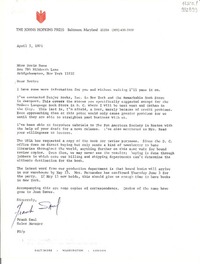 [Carta] 1971 Apr. 5, Baltimore, Maryland, [Estados Unidos] [a] Miss Doris Dana, Box 784 Hildreth Lane, Bridgehampton, New York