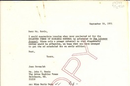 [Carta] 1971 Sept. 10, [EE.UU.] [a] Dear Mr. John V. Brain, The Johns Hopkins Press, Baltimore, Md. 21218, [EE.UU.]