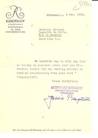 [Carta] 1952 Dec. 5, Stockholm, [Sweden] [a] Gabriela Mistral, Legación de Chile, Rio de Janeiro, Brasilien S.A., [Brazil]